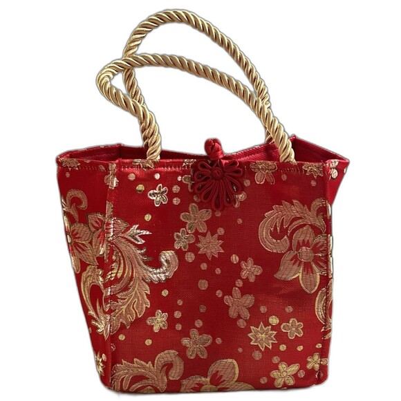 Chinese Bag Small Tote Red Gold Floral New Year Evening Purse Double Handle New - Picture 1 of 5